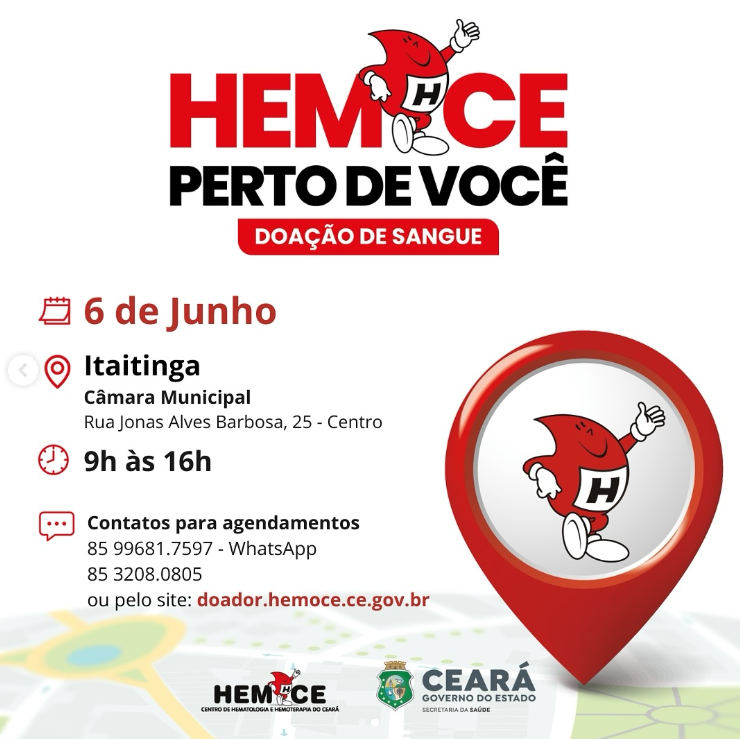 Dia 06 de junho, o HEMOCE estará na Câmara Municipal de Itaitinga em campanha de doação de sangue.